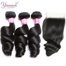 Load image into Gallery viewer, Younsolo Human Hair Loose Wave Bundles With Closure Brazilian Human Hair 3/4 Bundles With Lace Closure Loose wave Hair Extension