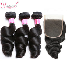 Load image into Gallery viewer, Younsolo Human Hair Loose Wave Bundles With Closure Brazilian Human Hair 3/4 Bundles With Lace Closure Loose wave Hair Extension