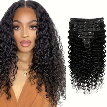Load image into Gallery viewer, Human Hair Deep Wave Clip In Hair Extensions Brazilian Clip In 8 Pcs/Set Natural Black Color Clip Ins Remy Hair 10-26 Inch 120G