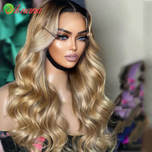 Load image into Gallery viewer, Ombre 4/27 1B/27 Honey Blonde Colored 13x6 Lace Frontal Wig Wave Pre-Plucked 12A Grade Lace Closure Human Hair Wig For Women
