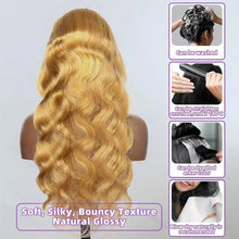 Load image into Gallery viewer, Brazilian #27 Honey Blond 30 34 Inch Body Wave 13x4 Lace Front Human Hair 13x6 HD Transparent Lace Frontal Wigs 220% For Women