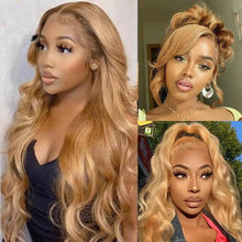 Load image into Gallery viewer, #27 Honey Blonde Human Hair Wigs 13X4 Transparent Lace Pre Plucked Body Wave Human Hair Lace Frontal Wig 200 Density 32 inch