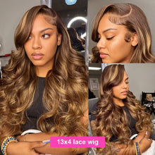 Load image into Gallery viewer, Honey Blonde Highlight 250 13x4 Body Wave Wig PrePlucked With Baby Hair Body Wave 13x6 Transparent HD Lace Frontal Wig 100% Remy