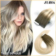Load image into Gallery viewer, ZURIA Straight Hair Mini Tape In Human Hair Extensions Invisible Skin Weft Adhesive 12/16/20" 100% Natural Real Wigs For Women