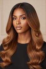 Load image into Gallery viewer, Woman with honey blonde ombre body wave hair install