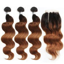Load image into Gallery viewer, Brazilian Body Wave Bundles With Closure 70g/pc Human Hair 3 Bundles With Closure 1B/30 Honey Blonde Bundles With Closure