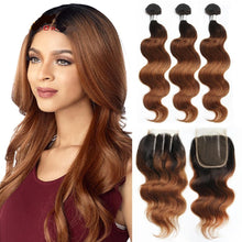 Load image into Gallery viewer, Brazilian Body Wave Bundles With Closure 70g/pc Human Hair 3 Bundles With Closure 1B/30 Honey Blonde Bundles With Closure