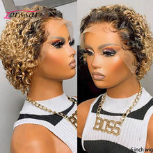 Load image into Gallery viewer, Short Curly Lace Front Wigs 13x1 Brazilian Water Wave Human Hair Wigs Pixie Cut Transparent Lace Wig for Black Women