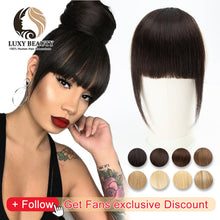 Load image into Gallery viewer, Human Hair Bangs 3 Clips 3D Blunt Cut Natural Hair Bangs OverHead Clip In Hair Extensions Non-Remy 2.5"x4.5" Black Brown Blonde