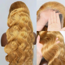 Load image into Gallery viewer, Brazilian #27 Honey Blond 30 34 Inch Body Wave 13x4 Lace Front Human Hair 13x6 HD Transparent Lace Frontal Wigs 220% For Women
