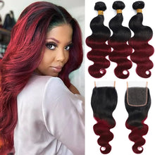 Load image into Gallery viewer, Colored Bundles With Closure Body Wave Brazilian Human Hair Weave Bundles With HD Lace Closure Ombre Brown Extensions For Women
