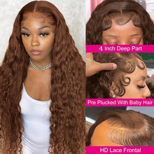 Load image into Gallery viewer, Curly wigs Transparent Lace Front Wig Chocolate Brown 13x4 13x6 Brazilian Deep Wave Frontal Human Hair Wig for Women Pre Plucked
