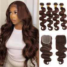 Load image into Gallery viewer, Colored Bundles With Closure Body Wave Brazilian Human Hair Weave Bundles With HD Lace Closure Ombre Brown Extensions For Women
