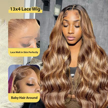 Load image into Gallery viewer, Highlight Ombre Body Wave 360 Lace Front Wig Human Hair 13x4 13x6 HD 4/27 Honey Blonde lace frontal Wigs Pre Plucked 200 Density
