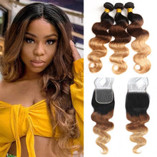 Load image into Gallery viewer, Colored Bundles With Closure Body Wave Brazilian Human Hair Weave Bundles With HD Lace Closure Ombre Brown Extensions For Women
