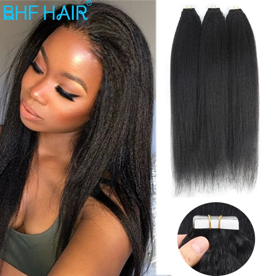 Yiki Kinky Straight Tape in Extensions Tape Extensions Brazilian 100% Real Remy Human Hair Natural Black 12