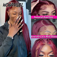 Load image into Gallery viewer, WOWANGEL 99J Burgundy 13x6 HD Lace Frontal Human Hair Wig 30inch Straight Wigs Melt Skins 250% Red Colored Wigs For Woman
