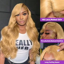 Load image into Gallery viewer, Brazilian #27 Honey Blond 30 34 Inch Body Wave 13x4 Lace Front Human Hair 13x6 HD Transparent Lace Frontal Wigs 220% For Women
