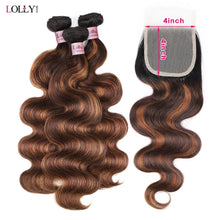 Load image into Gallery viewer, FB 30 Brown Highlight Body Wave Bundles With Closure 3 Bundles With 4x4 Lace Closure Brazilian Remy Colored Hair Extensions
