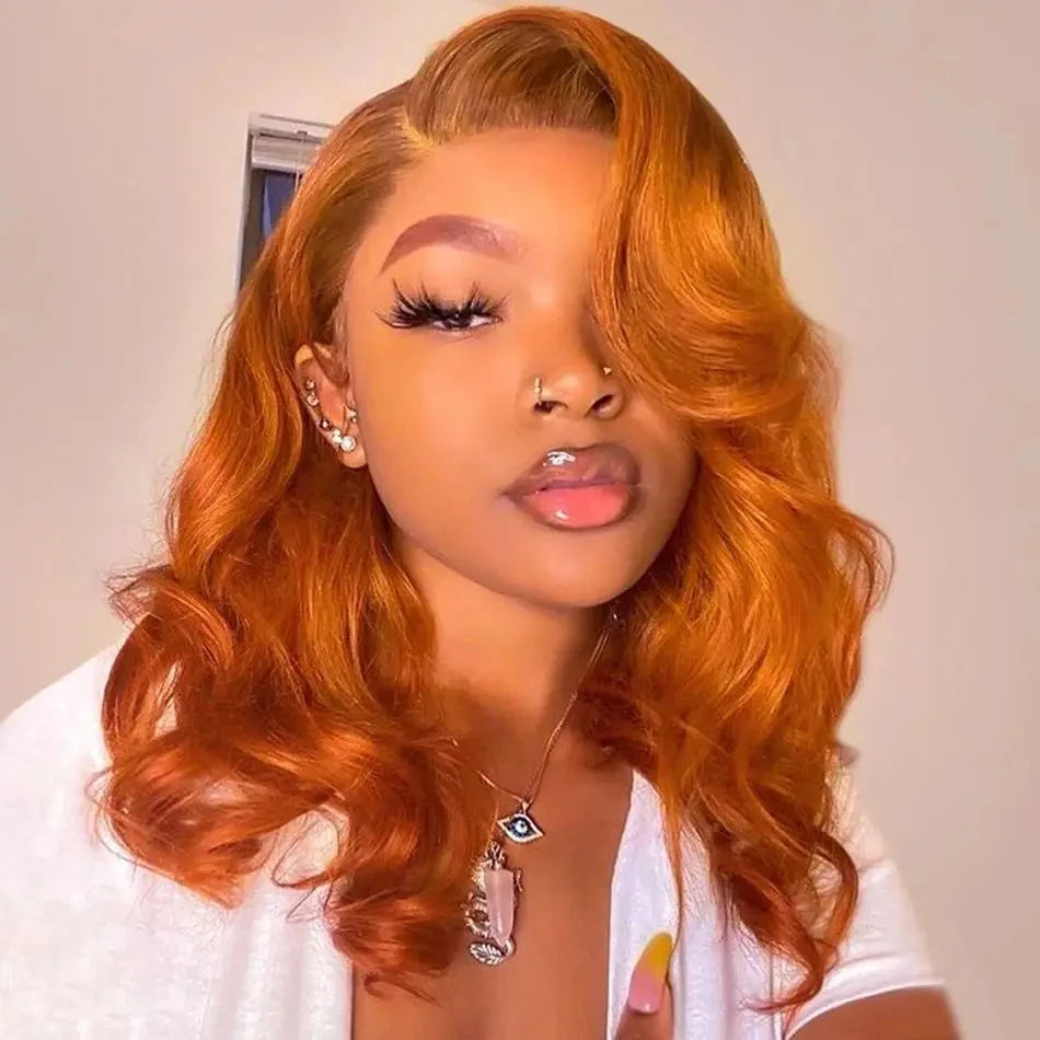 Orange Ginger Bob Wig 13x4 Lace Front Wig Human Hair Pre Plucked Natural Hairline #350 Body Wave Indian Hair For Women 180%