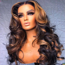 Load image into Gallery viewer, Honey Blonde Highlight 250 13x4 Body Wave Wig PrePlucked With Baby Hair Body Wave 13x6 Transparent HD Lace Frontal Wig 100% Remy
