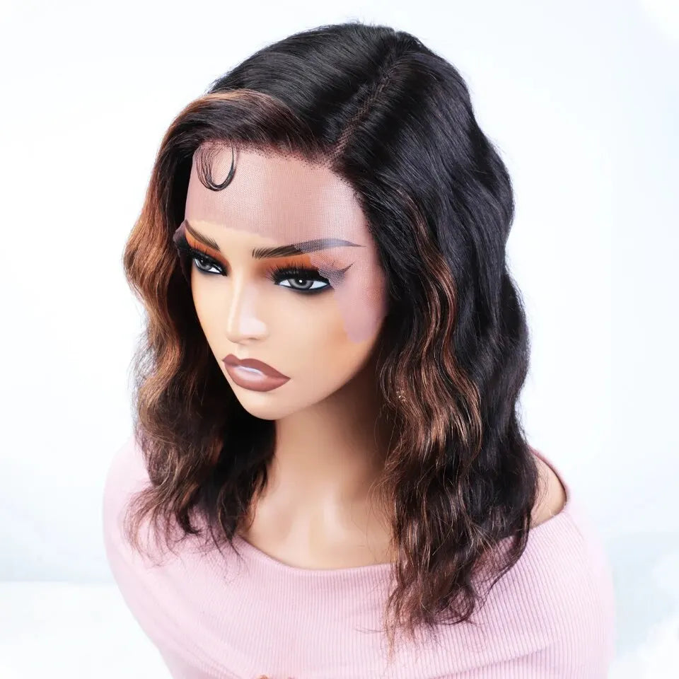 Human Hair Wig Bodywave Lace Glueless Left C Part Short Humanhair Wigs For Everyday Use Wavy Short BobTransparent Lace Wig 100%