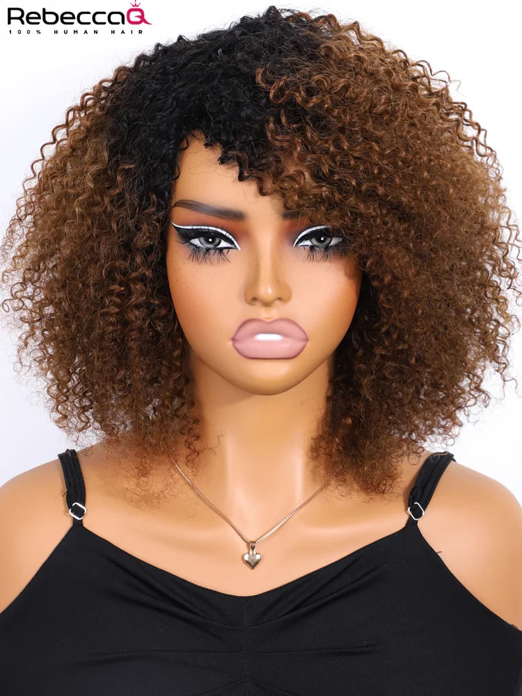 Highlight Short Kinky Curly Bob Wigs For Women Brazilian Remy Human Hair Wigs Easy Wear Human Hair Wig With Bangs 200% Density