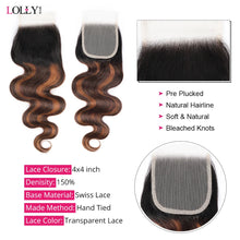 Load image into Gallery viewer, FB 30 Brown Highlight Body Wave Bundles With Closure 3 Bundles With 4x4 Lace Closure Brazilian Remy Colored Hair Extensions
