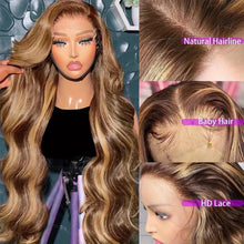 Load image into Gallery viewer, Highlight Ombre Body Wave 360 Lace Front Wig Human Hair 13x4 13x6 HD 4/27 Honey Blonde lace frontal Wigs Pre Plucked 200 Density
