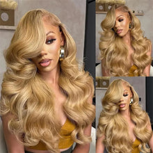Load image into Gallery viewer, Brazilian #27 Honey Blond 30 34 Inch Body Wave 13x4 Lace Front Human Hair 13x6 HD Transparent Lace Frontal Wigs 220% For Women
