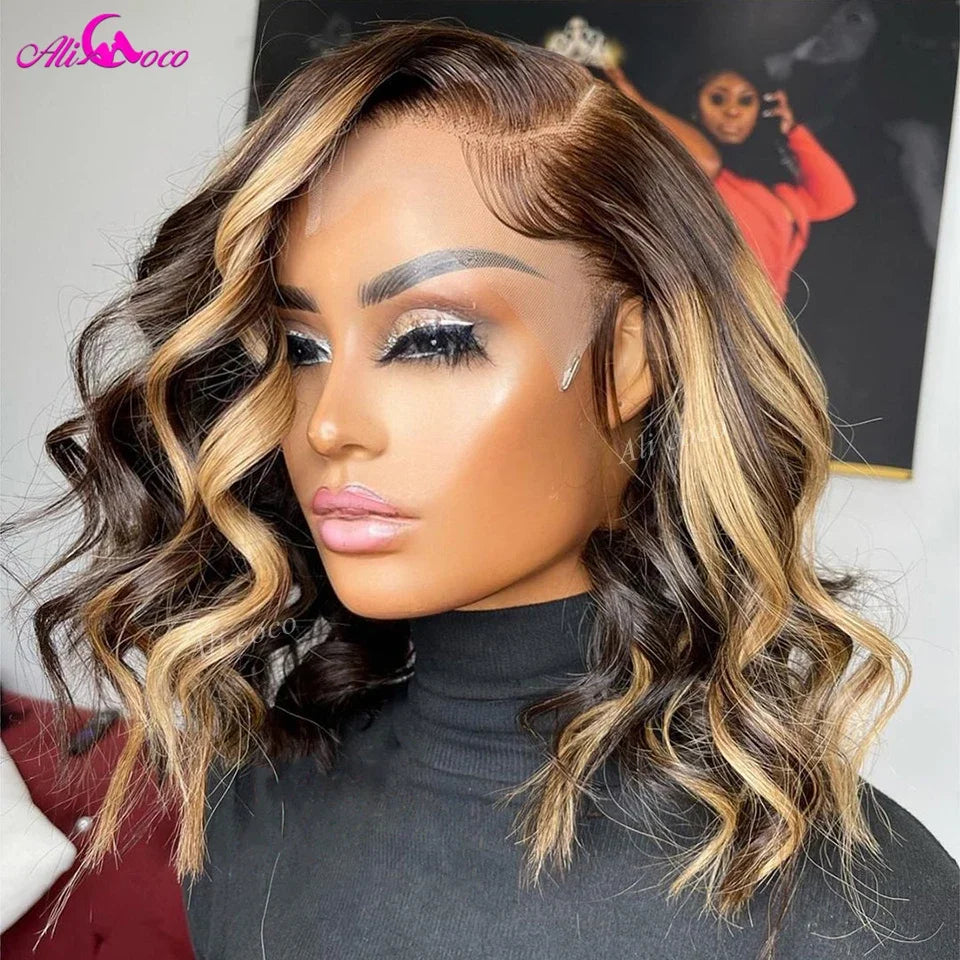 Highlight Brown With Honey Blonde Body Wave Bob Human Hair Wig 13x4 Lace Frontal Human Hair Wig For Woman P4 27 Short Bob Wig
