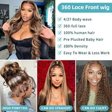 Load image into Gallery viewer, 360 Full Lace Human Hair Wig Honey Blonde Body Wave HD Lace Front Wig 4/27 Colored Human Hair Wig 180 Density Virgin Hair Indian
