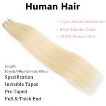 Load image into Gallery viewer, Tape In Hair Extensions #613 Bleach Blonde 100% Remy Human Hair Extensions 16-26 Inch Seamless Tape In For Salon High Quality
