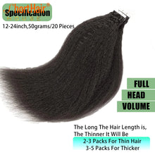 Load image into Gallery viewer, 30inch Tape in Hair Extensions Human Hair Brazilian Hair Kinky Straight Hair Extensions Tape in Real Human Hair 20Pcs50G 1BColor
