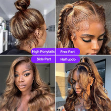 Load image into Gallery viewer, Highlight Ombre Body Wave 360 Lace Front Wig Human Hair 13x4 13x6 HD 4/27 Honey Blonde lace frontal Wigs Pre Plucked 200 Density
