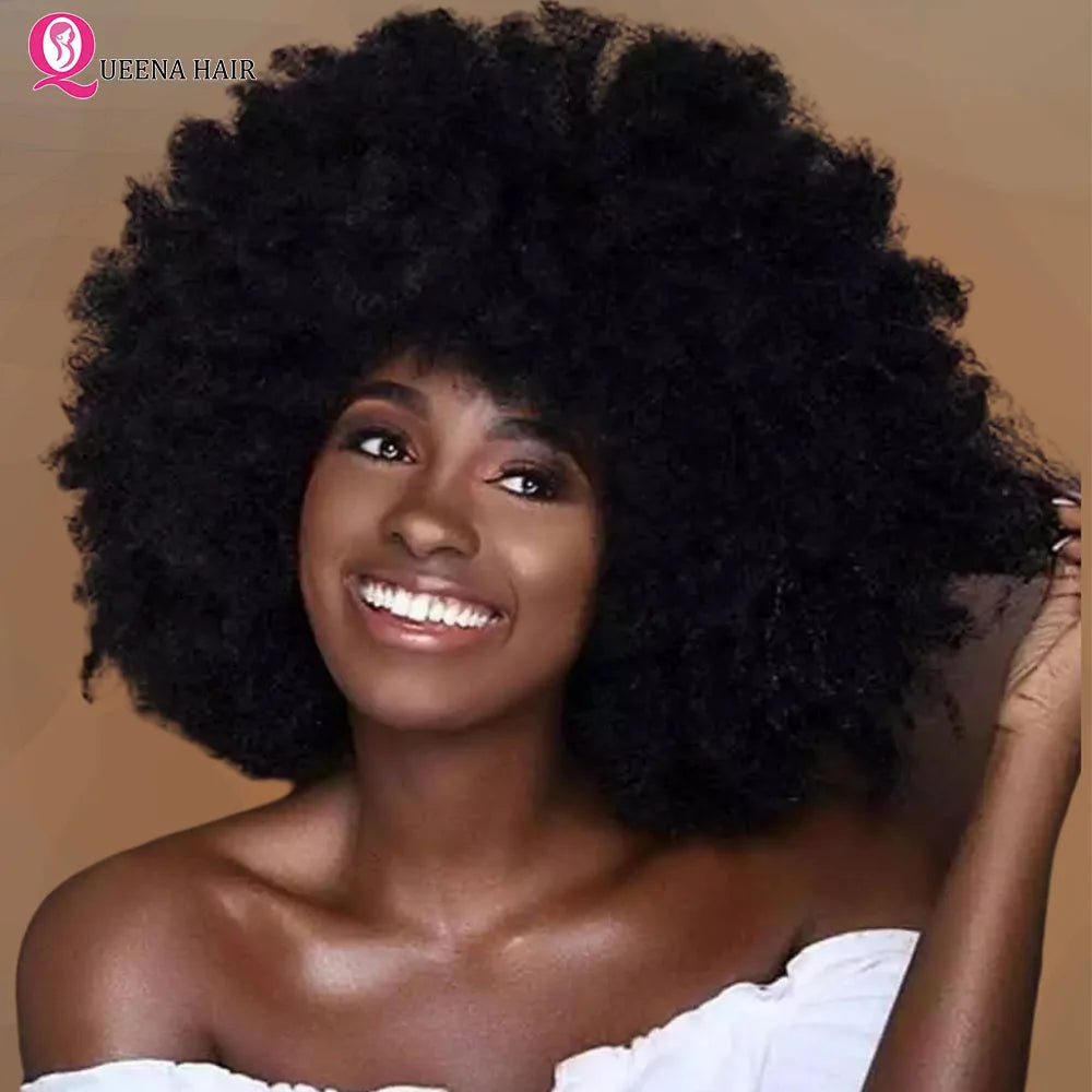 Afro Kinky Curly Short Human Hair Wigs With Thick Bangs Fluffy Natural Bob Wig Glueless Brazilian Full Machine Made Wigs On Sale