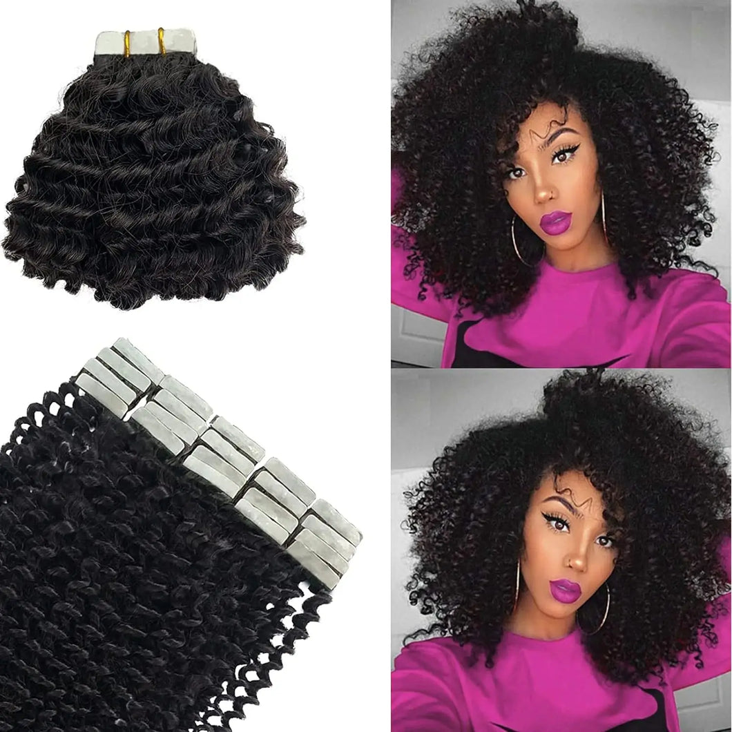 Kinky Curly Tape In Human Hair Extensions 4B 4C Afro Curl Remy Human Hair PU Skin Weft Tape Hair Natural Black Color 14-26inch