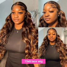 Load image into Gallery viewer, Honey Blonde Highlight 250 13x4 Body Wave Wig PrePlucked With Baby Hair Body Wave 13x6 Transparent HD Lace Frontal Wig 100% Remy
