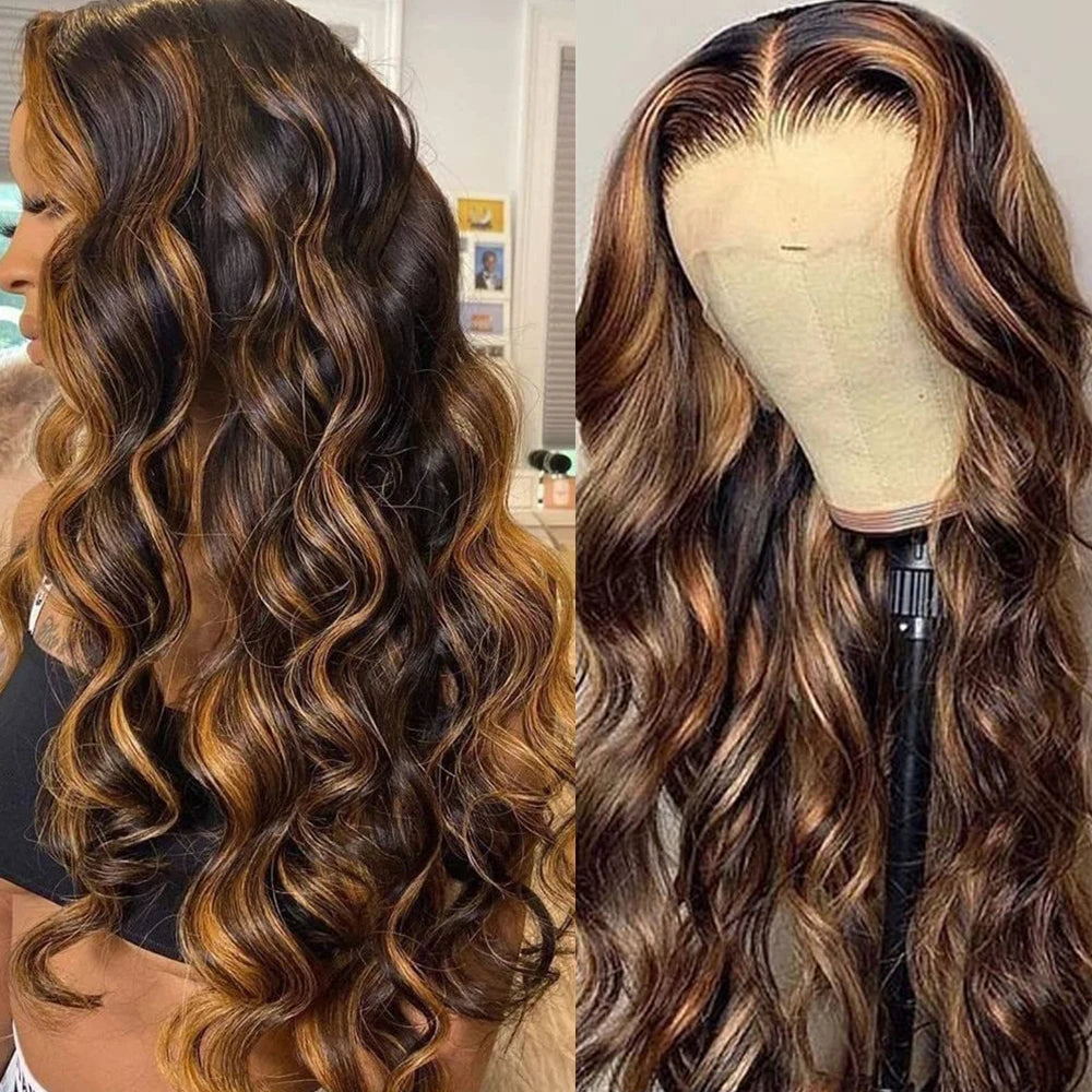 5x5 HD Closure Highlight Wig 360 Full Lace Frontal Wig Glueless Wig Honey Blonde Human Hair Wigs Ombre Body Wave Lace Front Wig