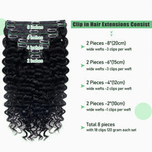 Load image into Gallery viewer, Human Hair Deep Wave Clip In Hair Extensions Brazilian Clip In 8 Pcs/Set Natural Black Color Clip Ins Remy Hair 10-26 Inch 120G
