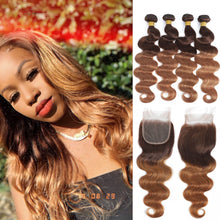 Load image into Gallery viewer, Colored Bundles With Closure Body Wave Brazilian Human Hair Weave Bundles With HD Lace Closure Ombre Brown Extensions For Women
