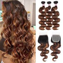 Load image into Gallery viewer, FB 30 Brown Highlight Body Wave Bundles With Closure 3 Bundles With 4x4 Lace Closure Brazilian Remy Colored Hair Extensions
