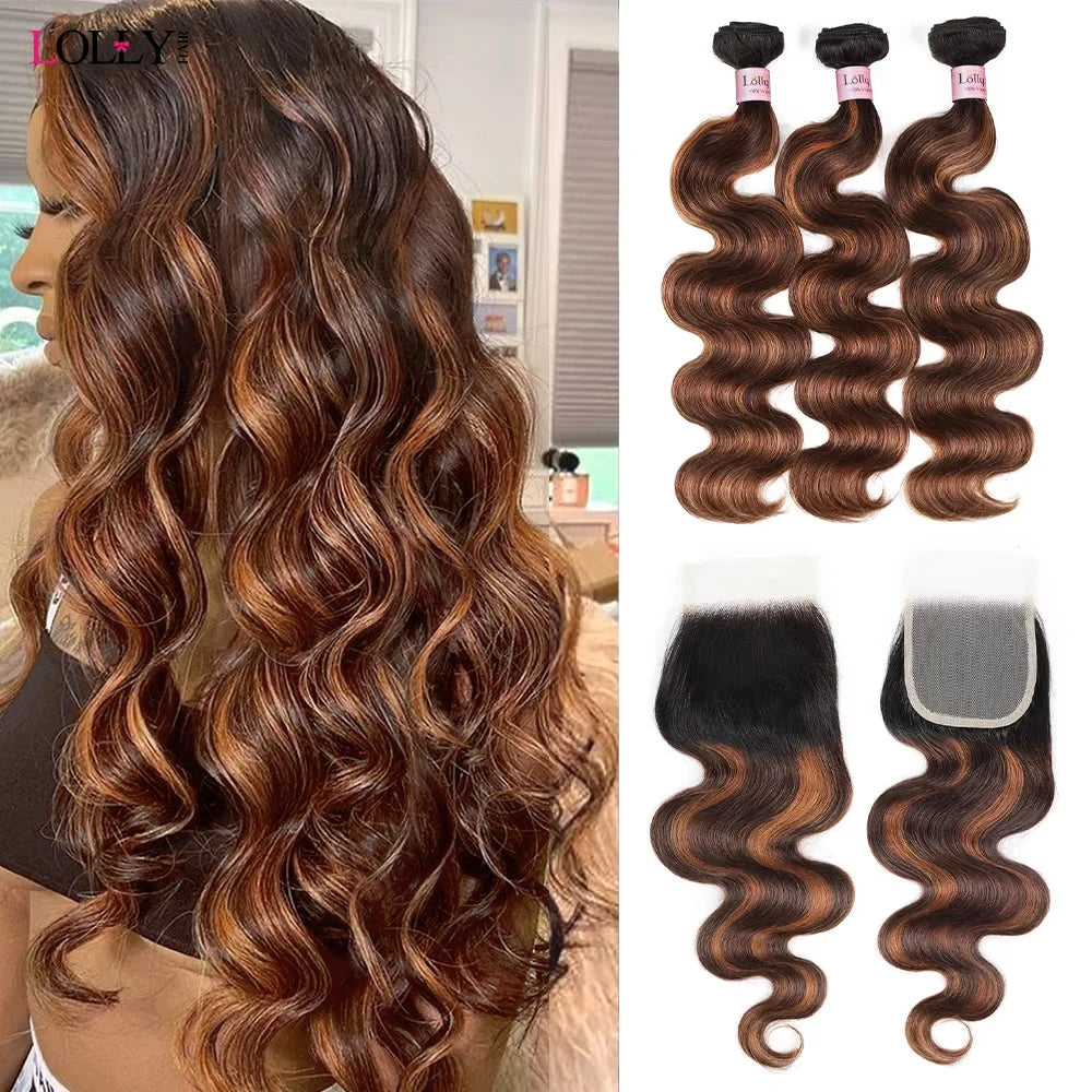 FB 30 Brown Highlight Body Wave Bundles With Closure 3 Bundles With 4x4 Lace Closure Brazilian Remy Colored Hair Extensions