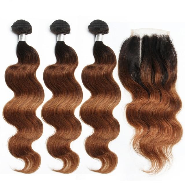 Brazilian Body Wave Bundles With Closure 70g/pc Human Hair 3 Bundles With Closure 1B/30 Honey Blonde Bundles With Closure