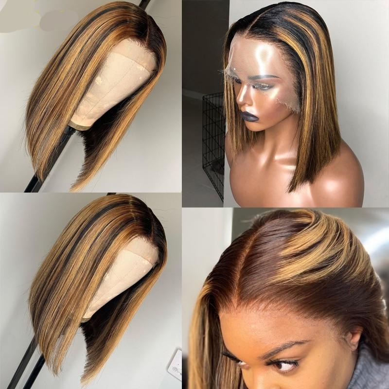 13x6 Highlight Ombre Brown Honey Blonde Short Bob Wig HD Lace Front Wig Colored Full 4x4 Closure