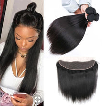 Load image into Gallery viewer, Brazilian Straight Hair Weave Bundles With Frontal Human Hair Bundles With Frontal 13*4 Non Remy 26 28
