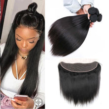 Load image into Gallery viewer, Brazilian Straight Hair 3/4 Bundles With Frontal Closure 13x4 Ear To Ear Lace Frontal With Bundles Virgin Human Hair Extensions
