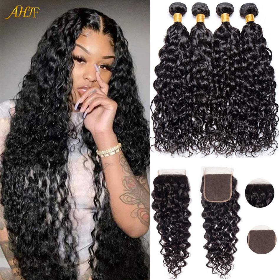 Malaysian Water Wave Bundles with Closure Wet and Wavy Curly Human Hair Bundles with Closure 4x4 Lace Remy Hair Extensions AHJF