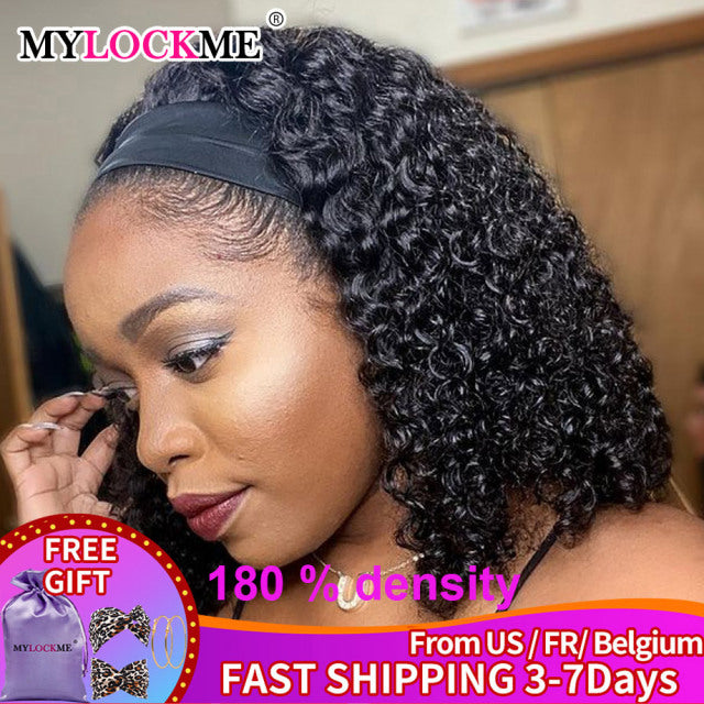 Headband Wig Human Hair Kinky Curly MYLOCKME Glueless Full Machine Made Brazilian Remy Human Hair Wigs For Women 180% Density