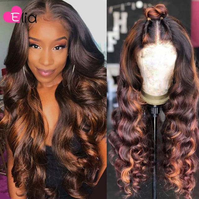 Elia 13X6 Body Wave Ombre Colored Lace Frontal Wig Human Hair Wig 180 Density Remy Peruvian 100% Human Hair For Black Women